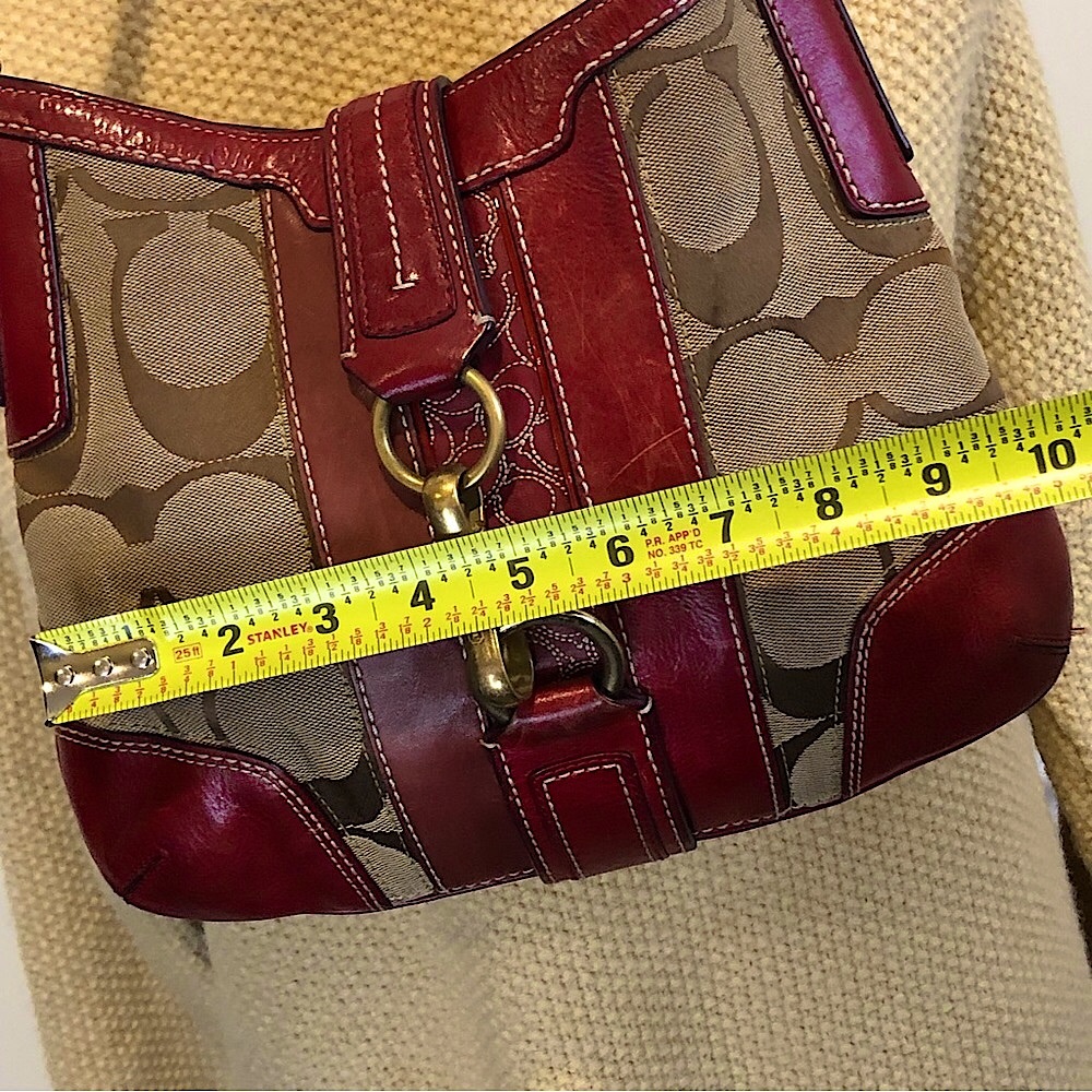 COACH Hampton Signature C Canvas Crimson Red Leather Embroidered Shoulder Bag - Picture 14 of 16